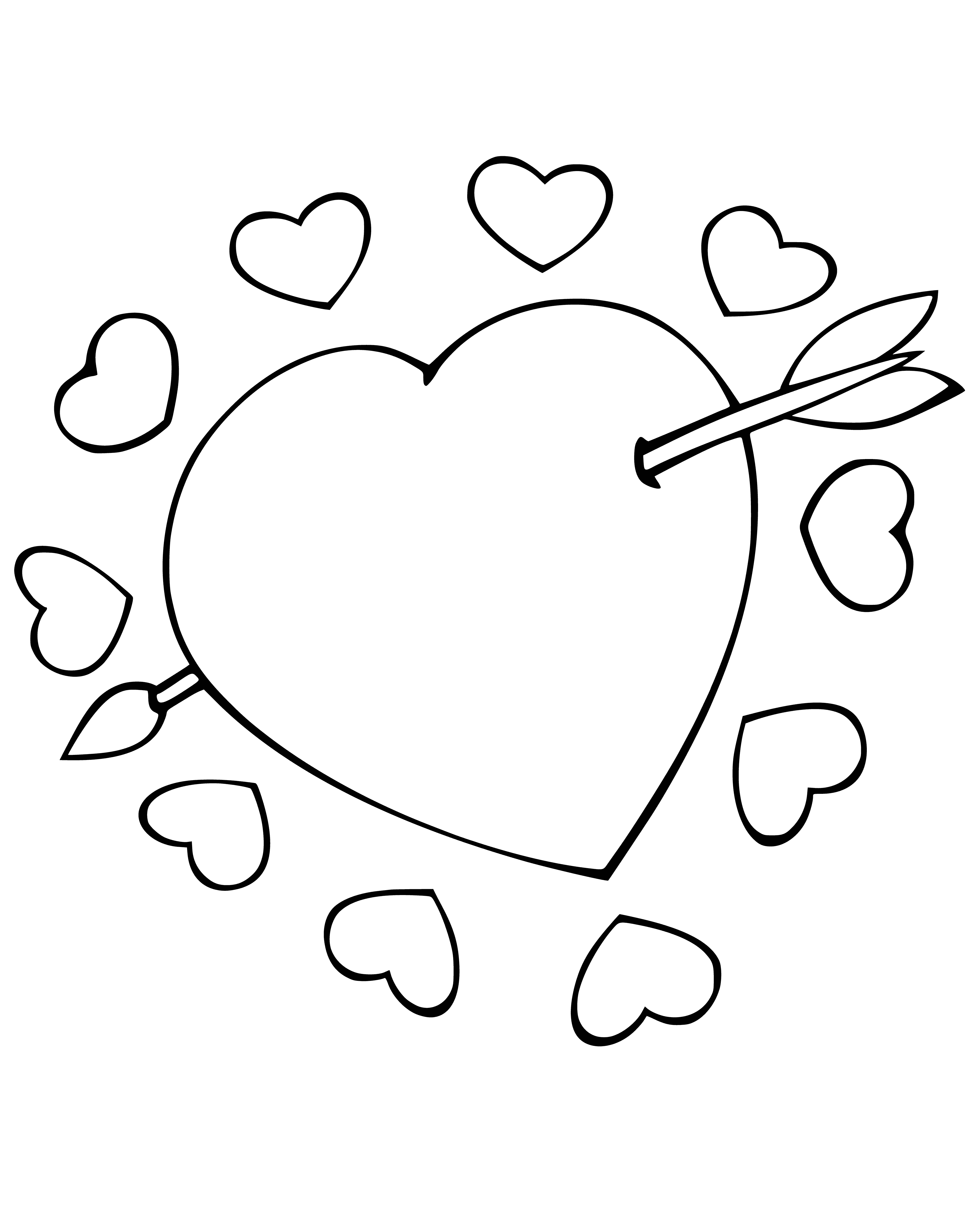 coloring page: Coloring with a pierced heart and hearts around