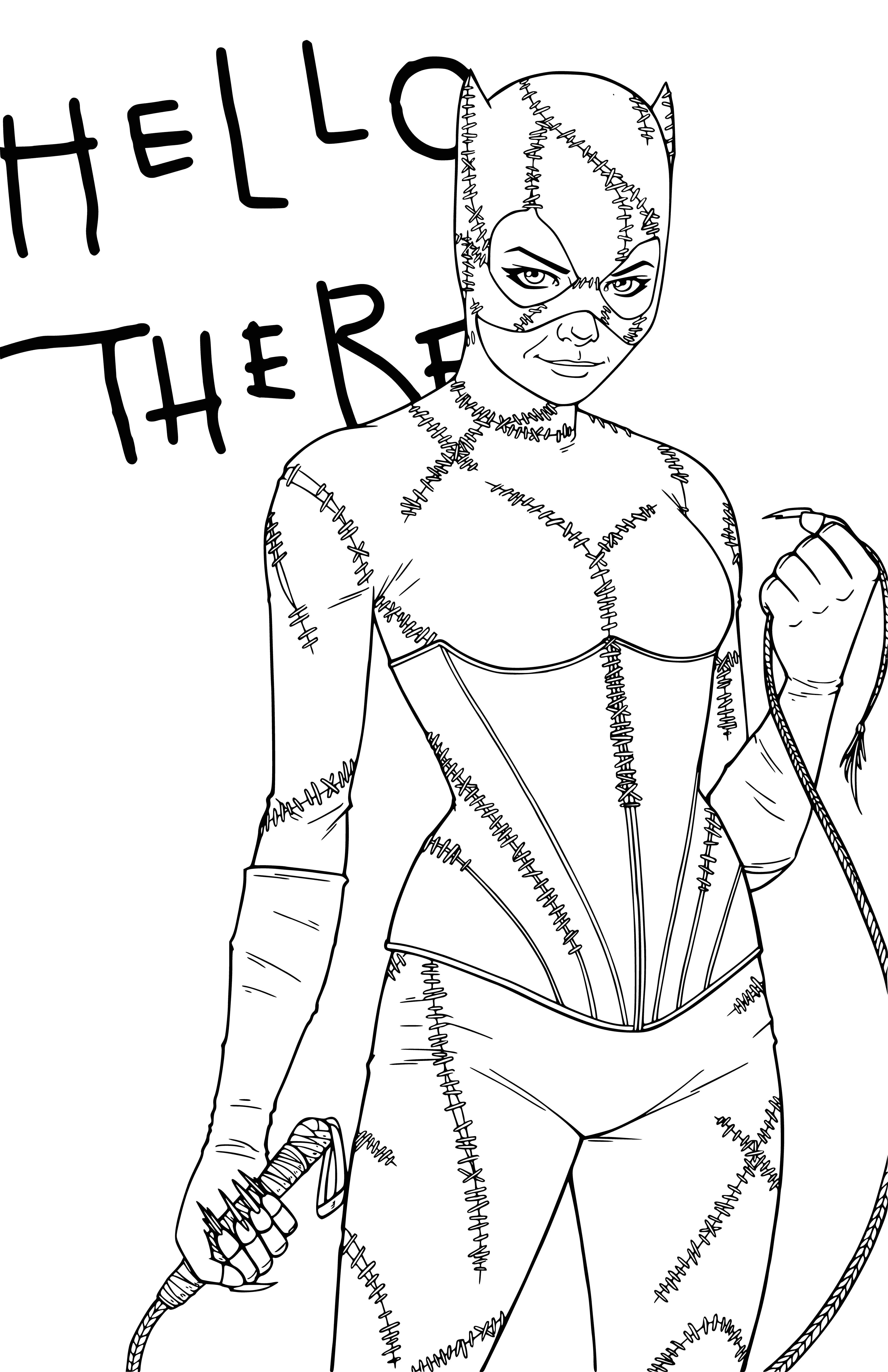 coloriage: Catwoman avec l'inscription "Bonjour là-bas"