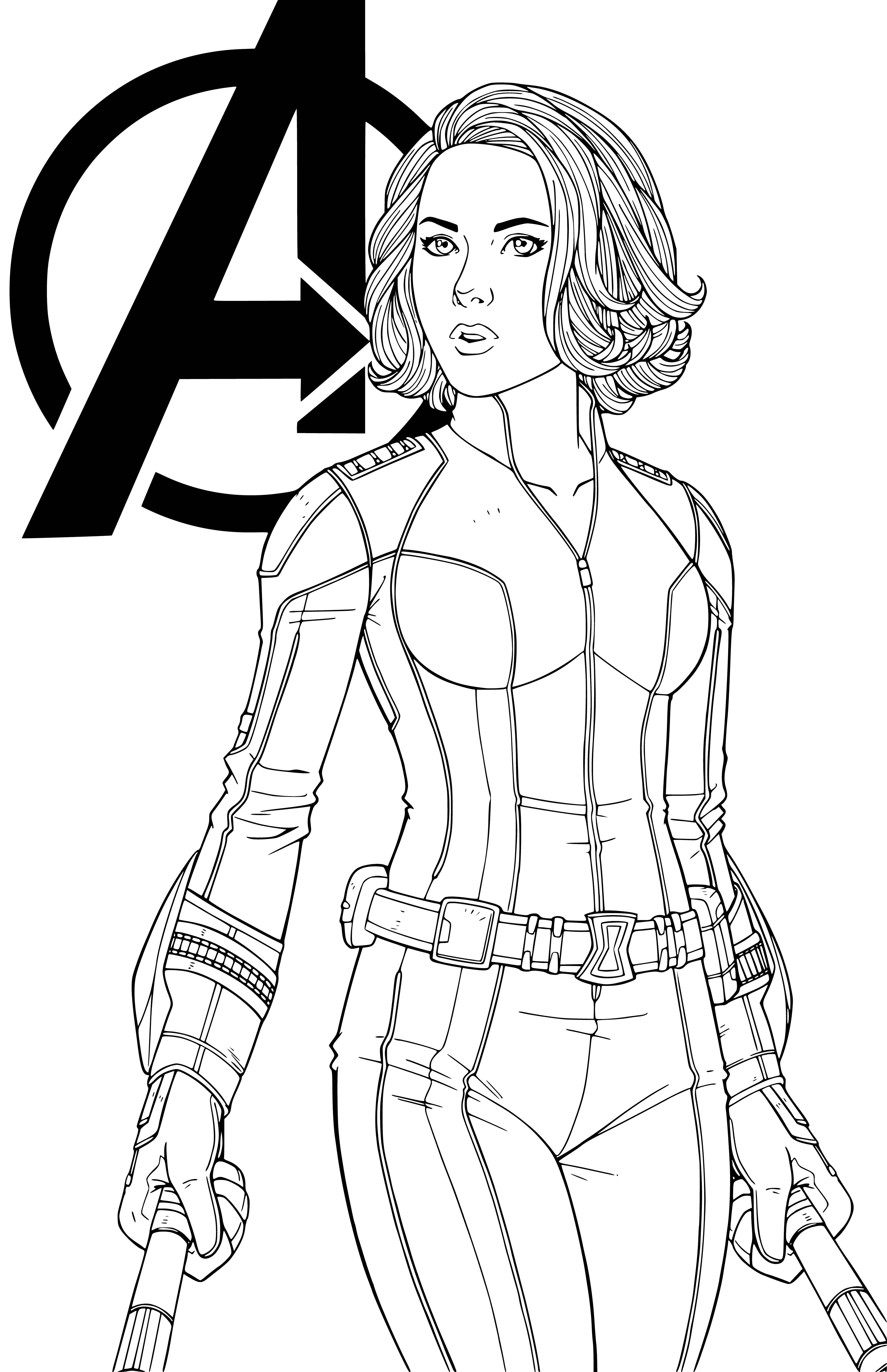 coloriage: Widow noir en coloration avec le symbole Avengers en arrière-plan