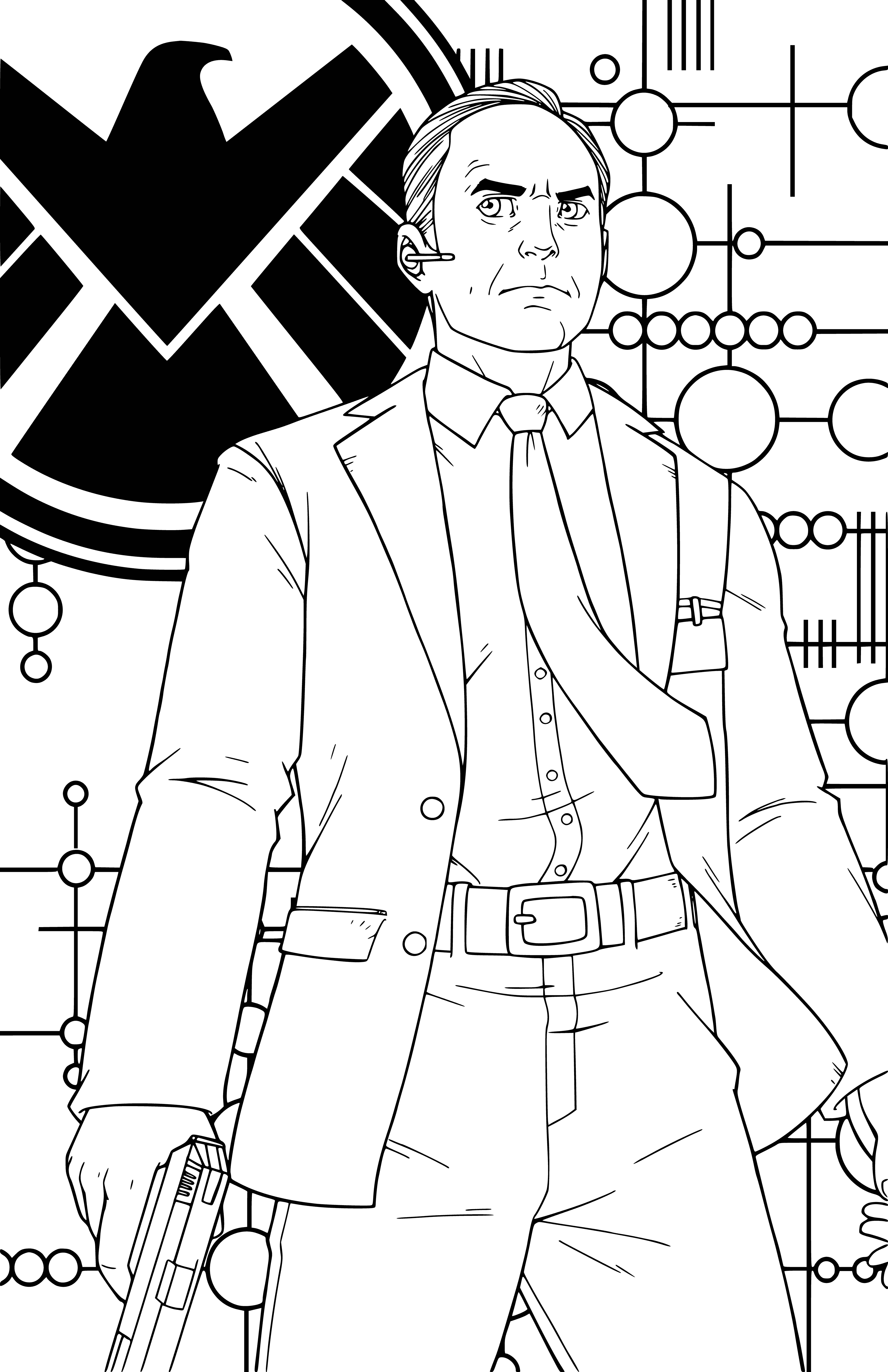 coloriage: Phil Coulson avec une arme devant le logo S.H.I.E.L.D.