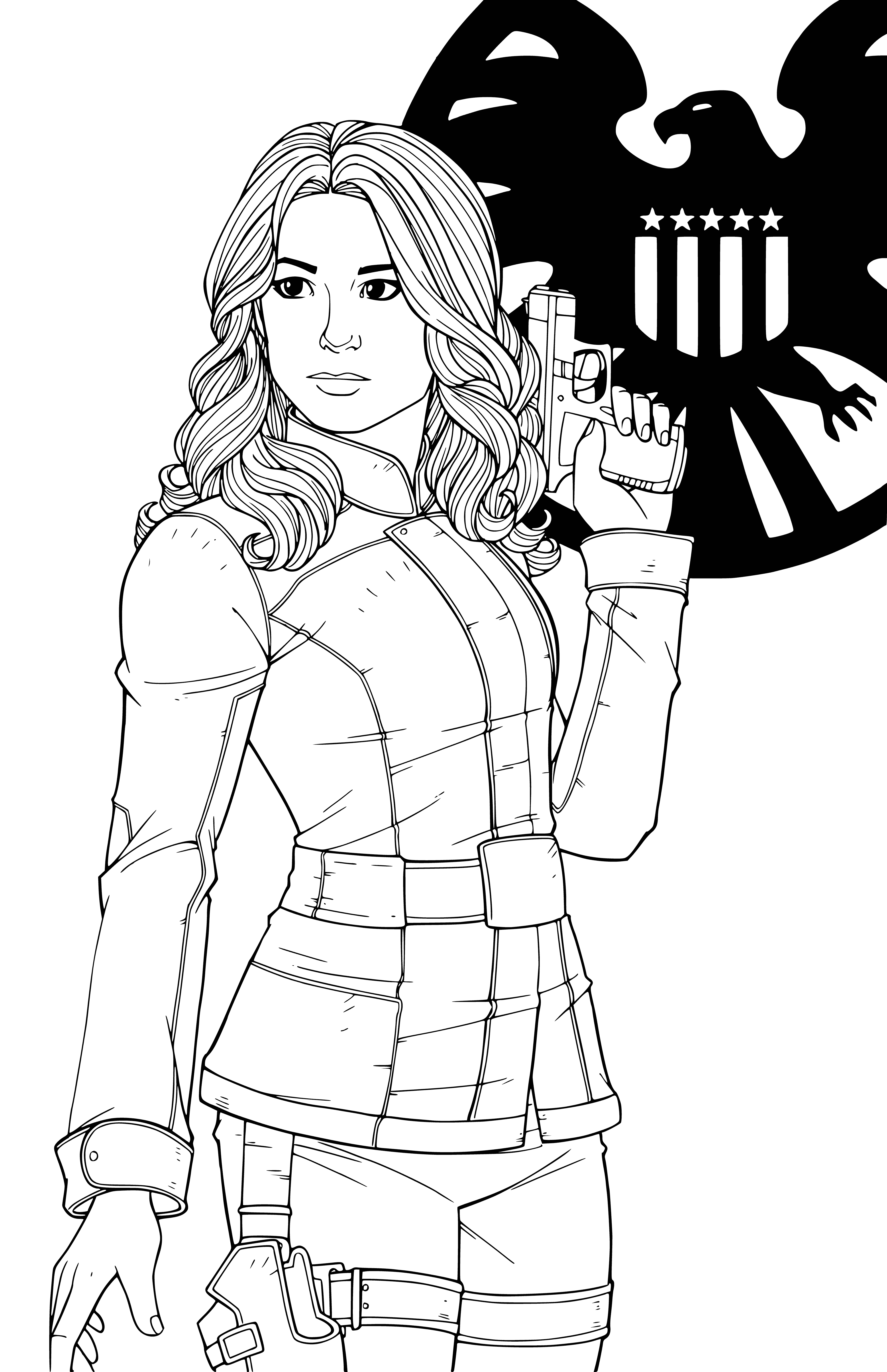 coloriage: Sharon Carter avec une arme et des symboles S.H.I.E.L.D.