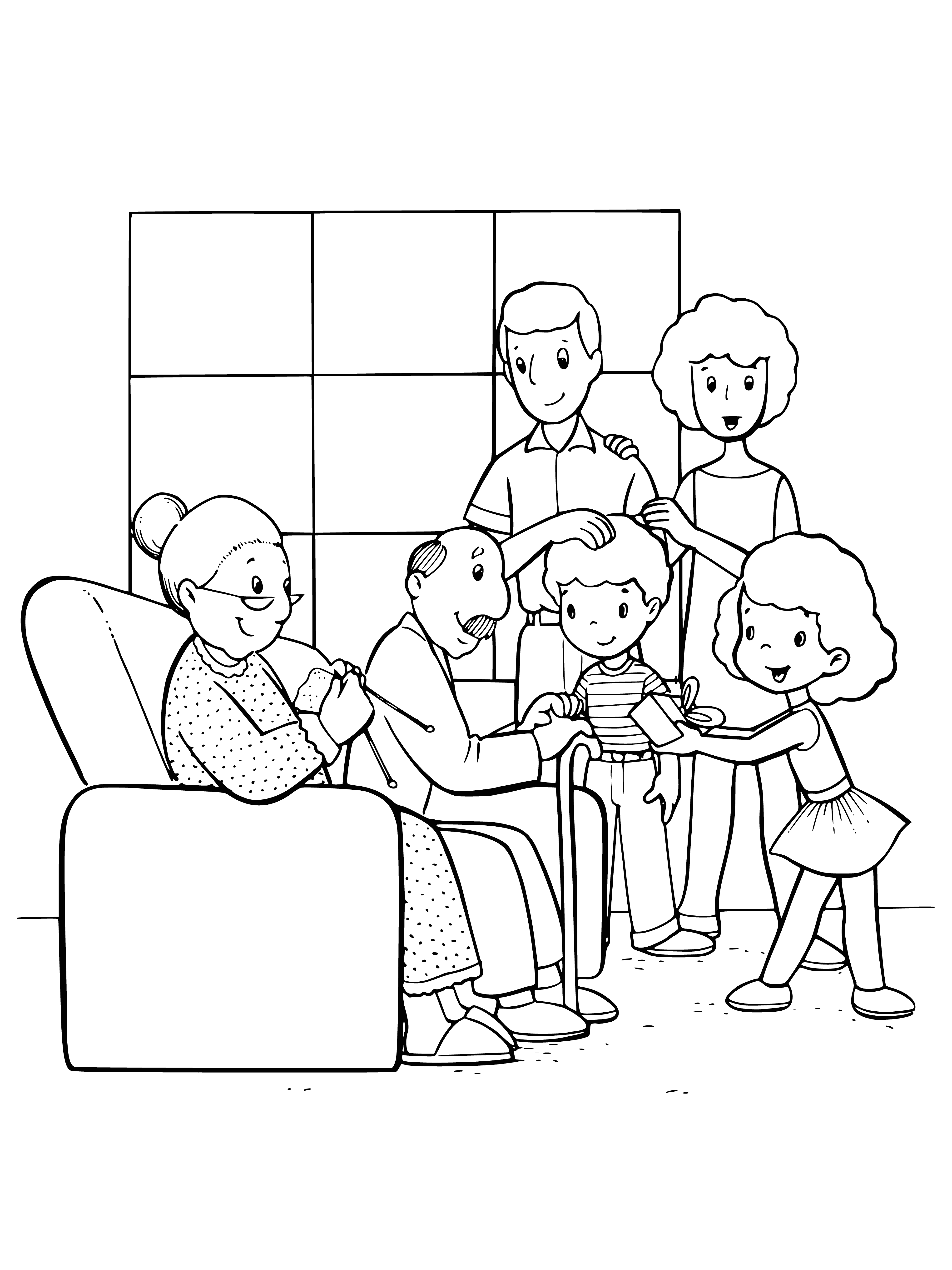 página para colorir: Um desenho de uma grande família celebrando o Dia da Família