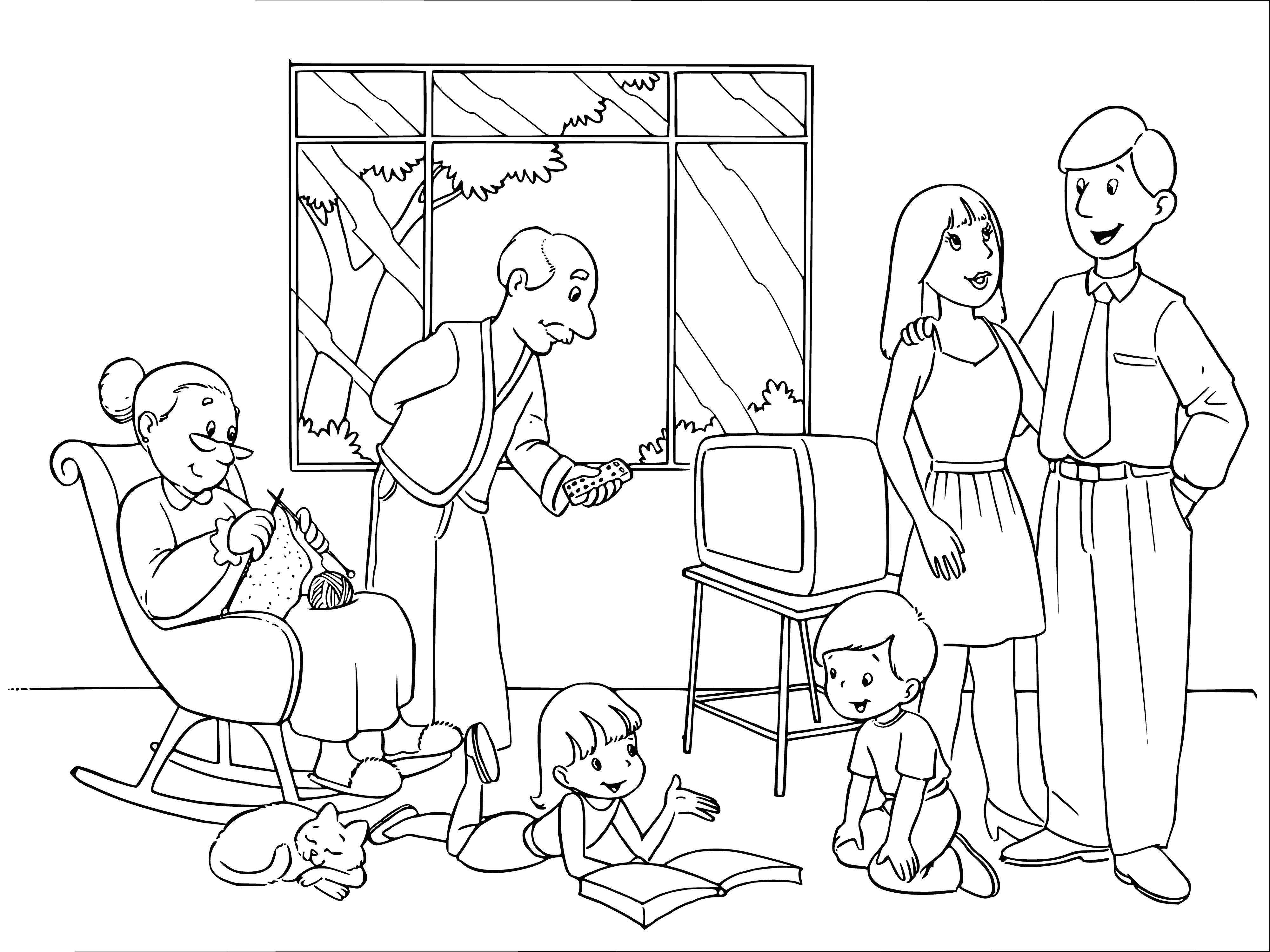 página para colorir: Cena familiar com uma mulher idosa, adultos e crianças