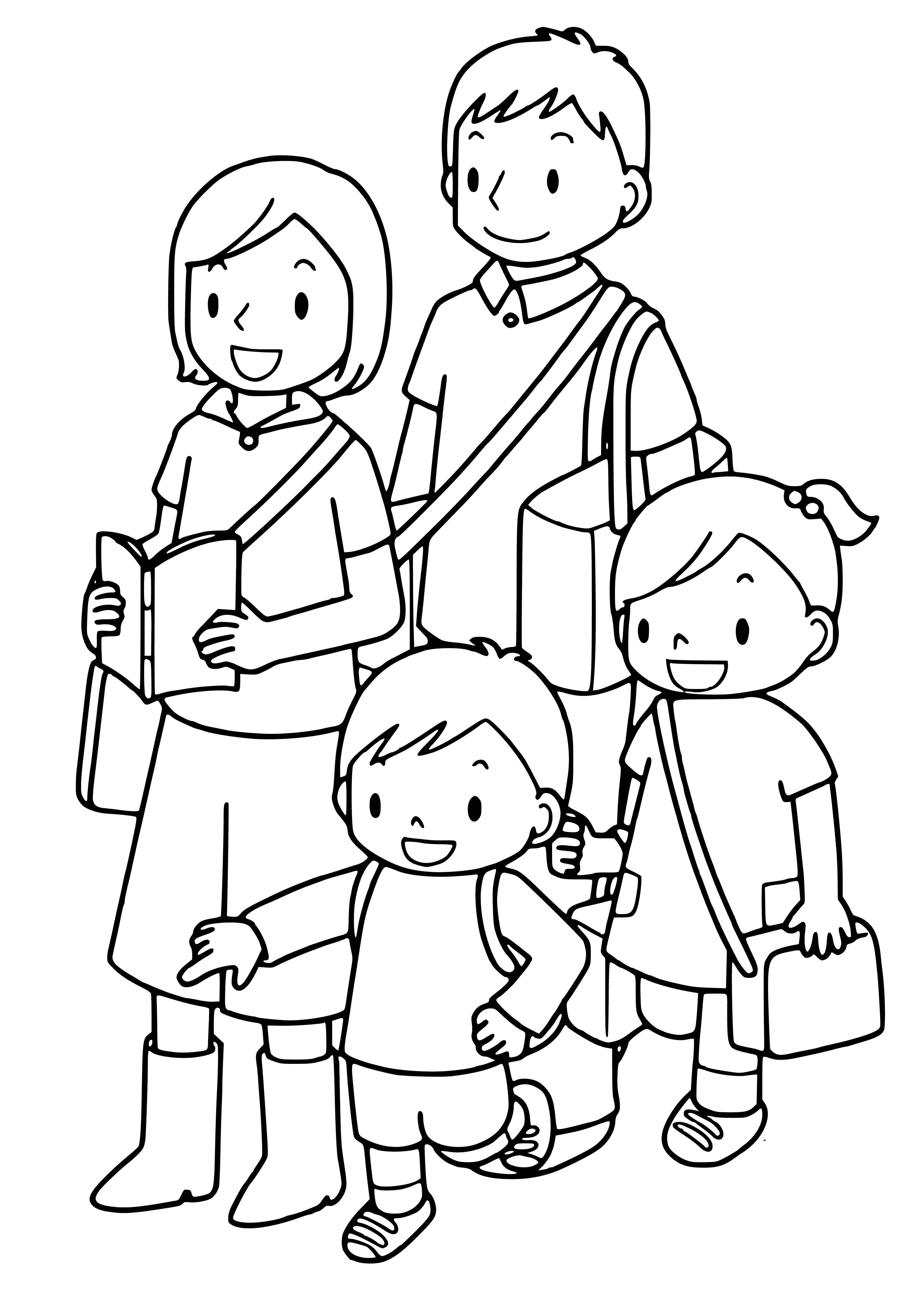 página para colorir: Um desenho de uma família de quatro com livros e mochilas