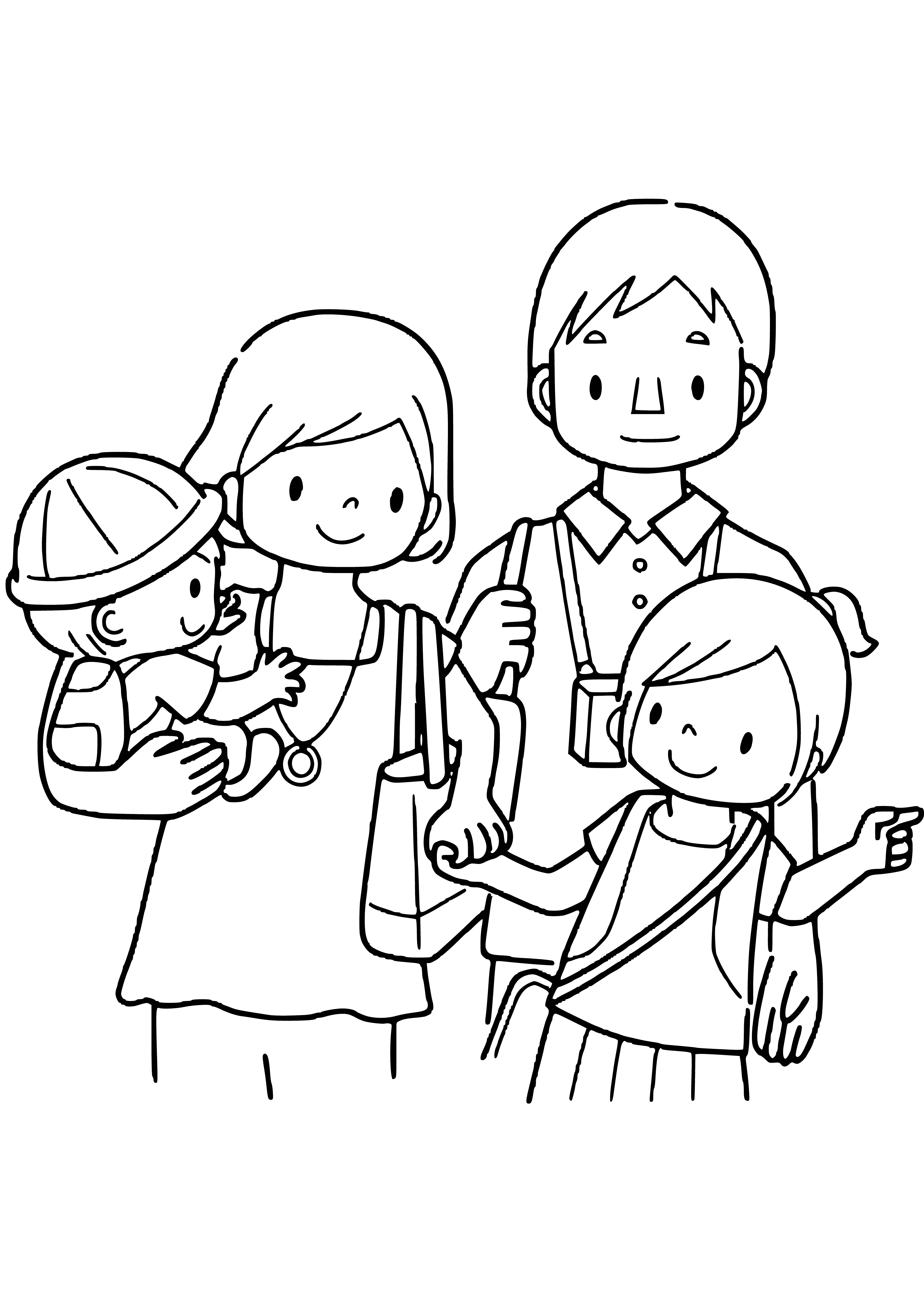 página para colorir: Uma família de quatro: mãe, pai, filho e filha. A mãe segura o menino e a filha aponta o dedo para o lado.