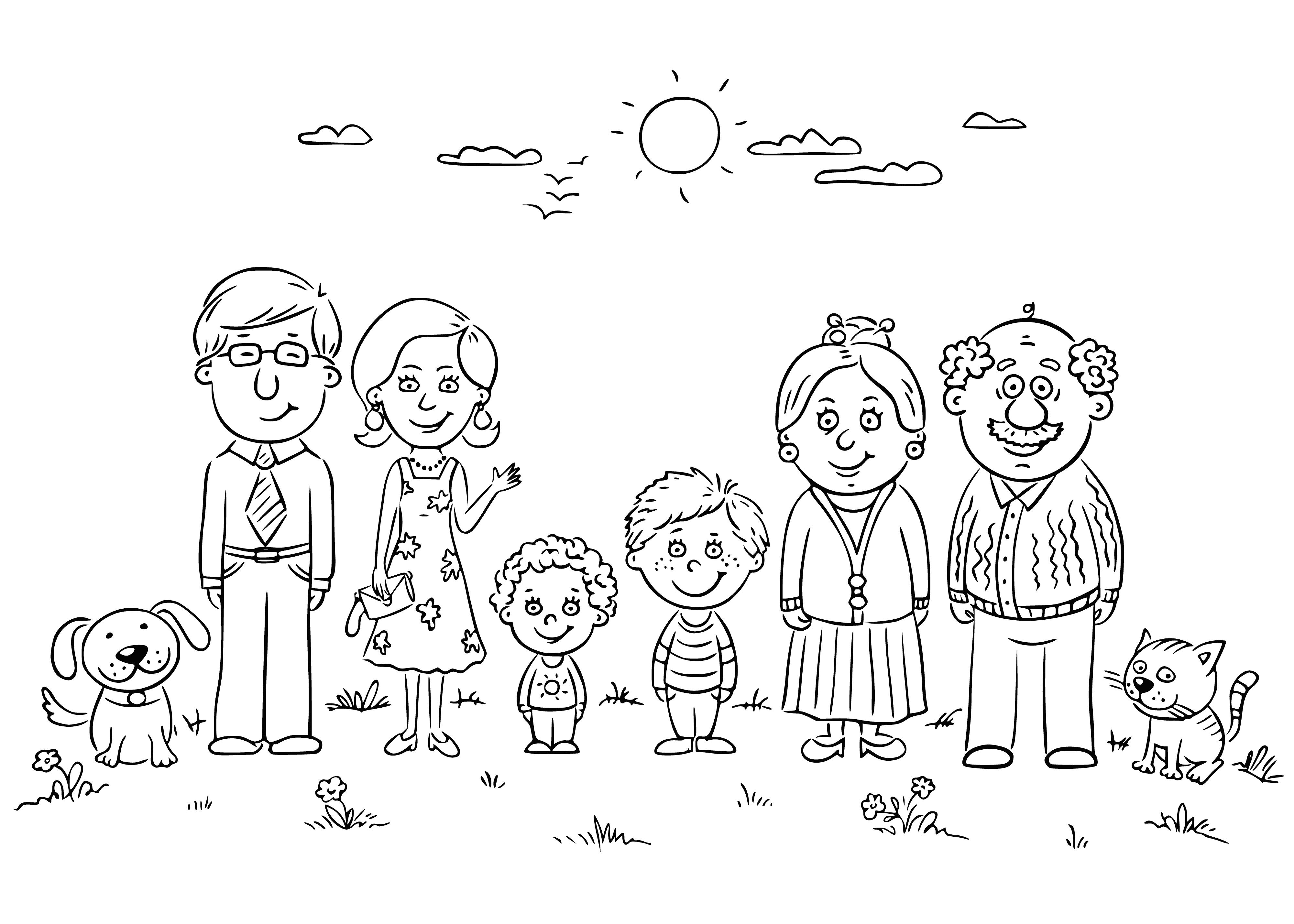 página para colorir: Família de seis com animais de estimação retratados em livro de cor