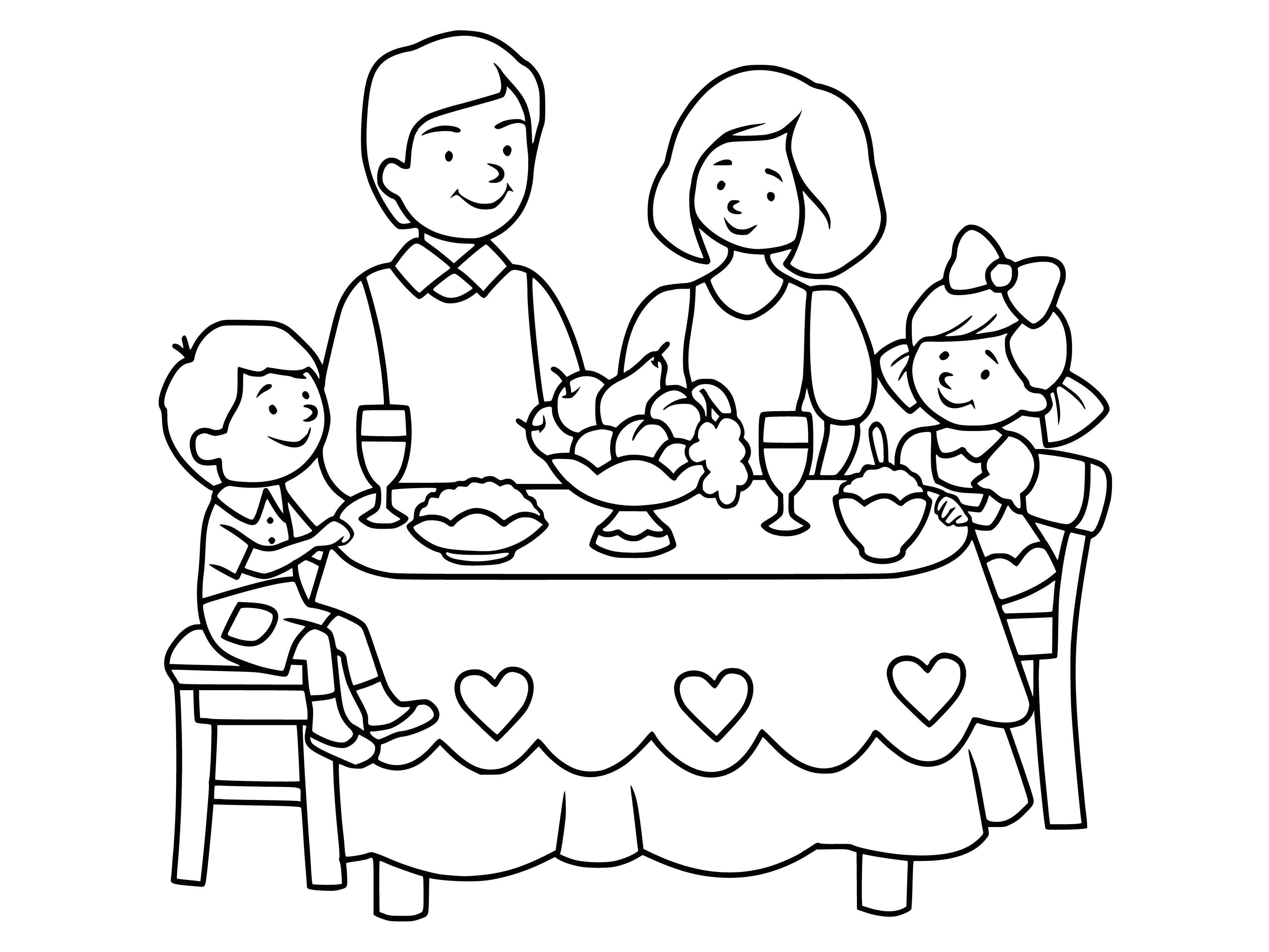 página para colorir: Almoço em família com pais e crianças na mesa