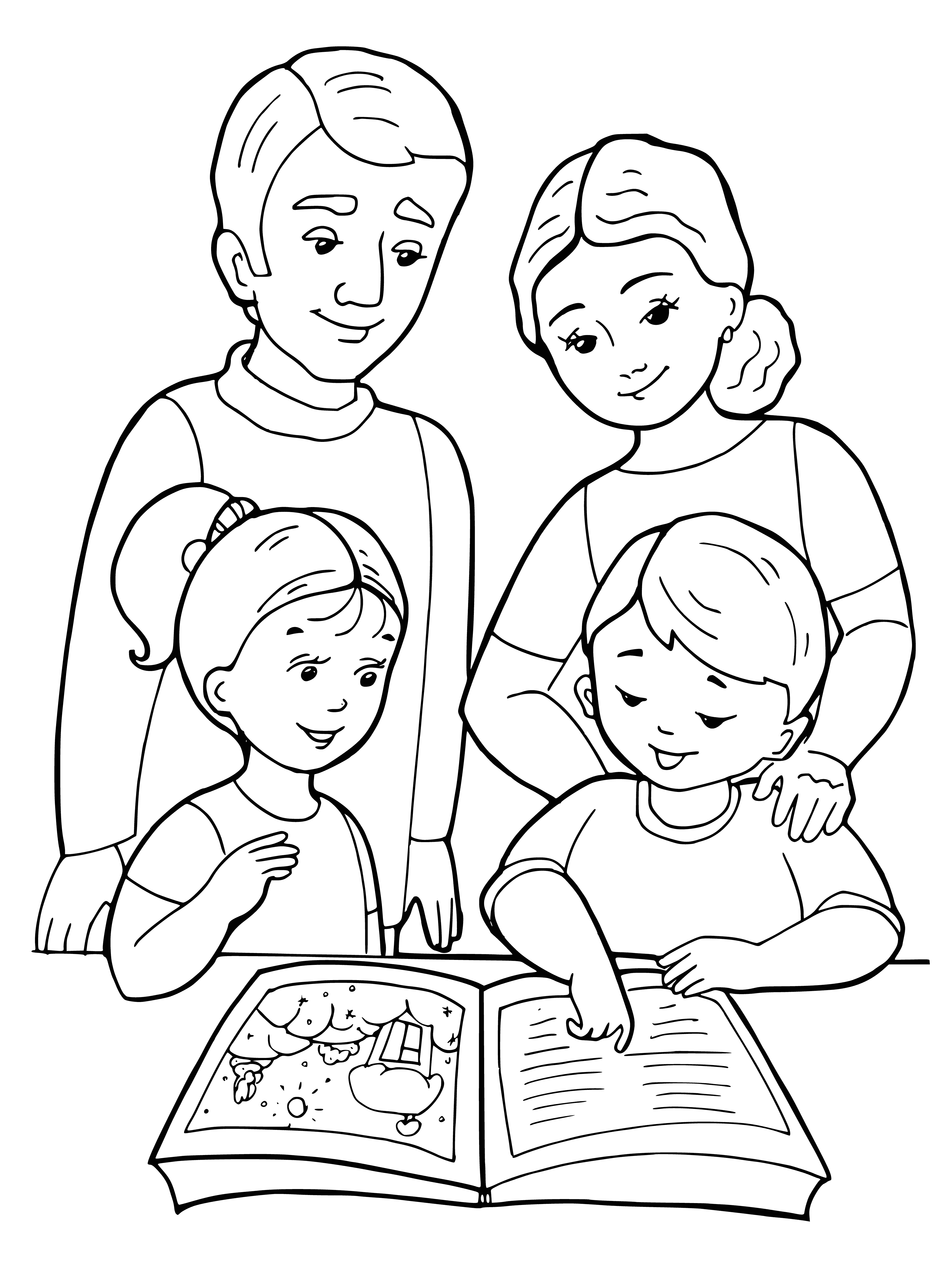 página para colorir: A família está lendo um livro juntos
