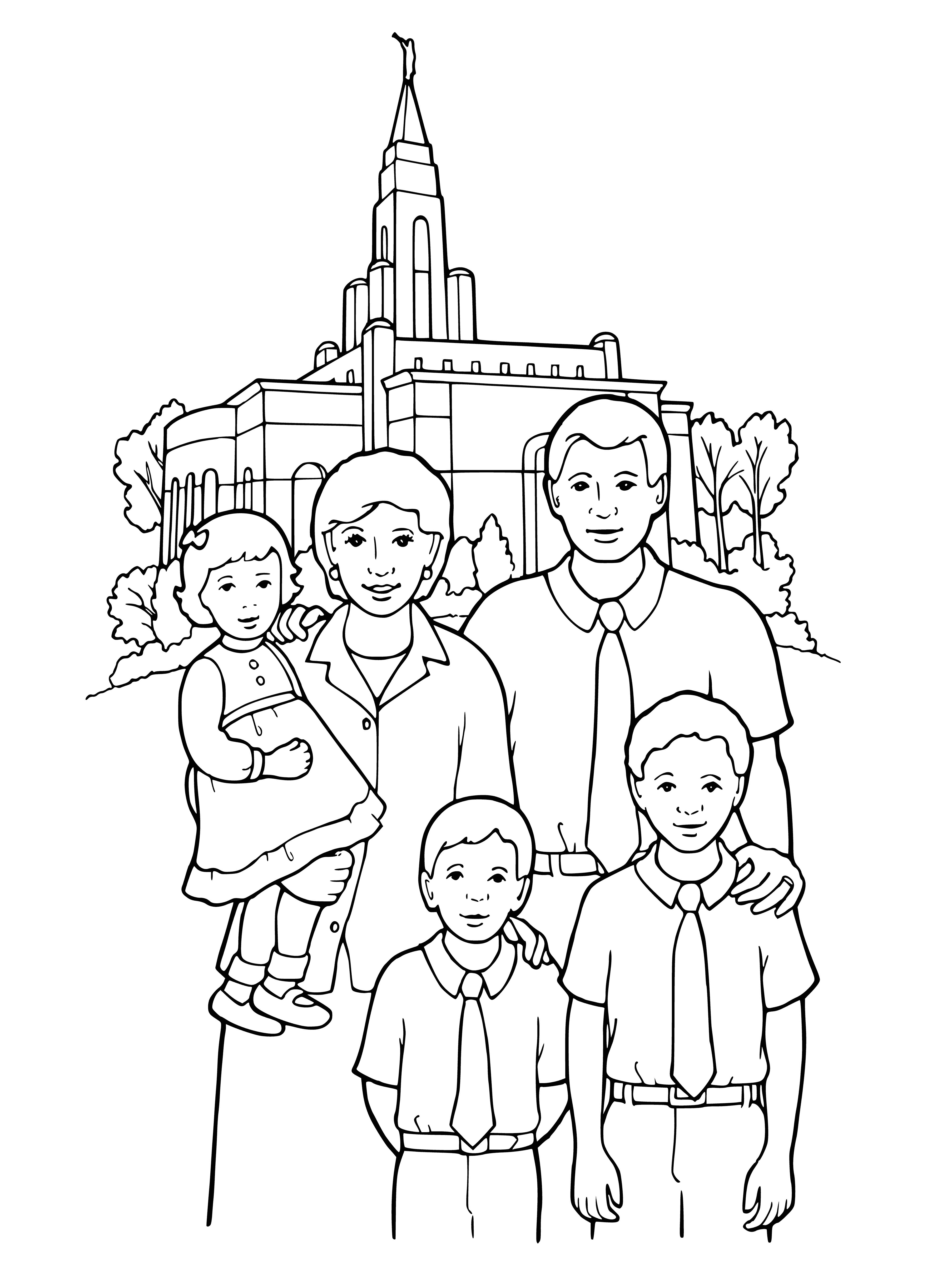 página para colorir: Família de 5 pessoas em frente ao edifício