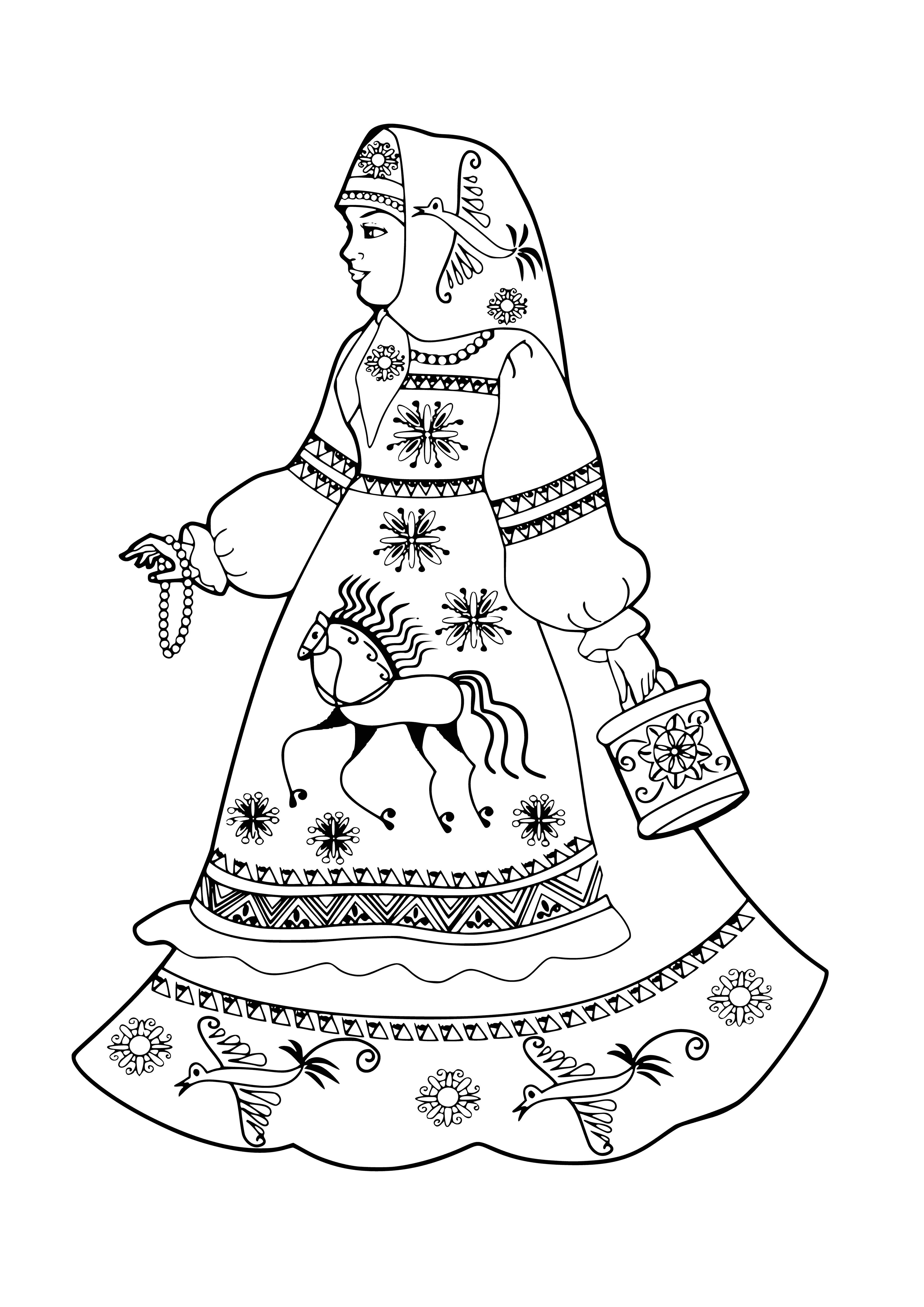 kleurplaat: Tekening van een Russisch meisje in een traditionele outfit met een emmer en sieraden