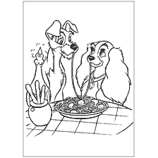 coloriage: Lady et Tramp partagent spaghetti