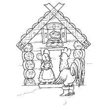 pagina da colorare: Illustrazione dalla fiaba "Teremok" dove un topo e un galletto parlano a un teremok