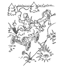 pagina da colorare: Racconti popolari russi, dove un uomo cavalca con un cavallo e un carro nel bosco.