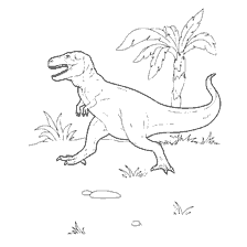 coloring page: Dinosaur Tyrannosaurus on the background of tropical nature