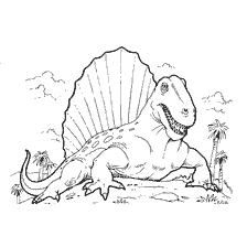 coloring page: Coloring of the dinosaur Dimetrodon with a characteristic fin and green background