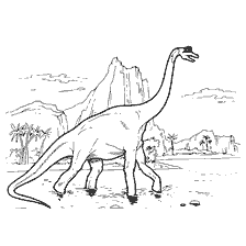 coloring page: Coloring of the Brachiosaurus dinosaur against the background of mountains and palm trees