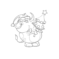 página para colorir: Engra&ccedil;ado. Touro de ano com uma &aacute;rvore de Natal