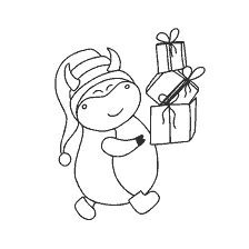 página para colorir: Imagem de um touro na capa de um Ano Novo com presentes