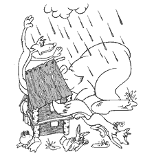 pagina da colorare: L'orso sale nel fienile sotto la pioggia, accanto a diversi animali