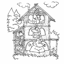 pagina da colorare: Illustrazione al racconto popolare russo "New Teremok", raffigurante animali in un nuovo fienile.