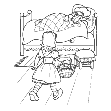 pagina da colorare: Little Red Riding Hood si avvicina nonna a letto