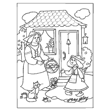pagina da colorare: Illustrazione alla fiaba di Charles Perrault: una nonna con un cesto di torte e una ragazza alla porta