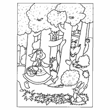 pagina da colorare: Cappuccetto rosso nel bosco con un lupo e un coniglio