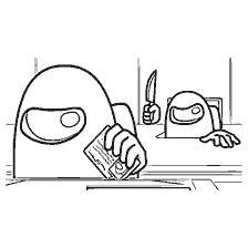 pagina da colorare: Una foto dal gioco Tra Come con un personaggio che tiene una carta di credito e un altro con un coltello.