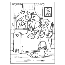 pagina da colorare: Colorare con mia nonna a maglia e il suo cane guardando fuori dalla finestra.