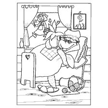 pagina da colorare: Un lupo a letto con gli occhiali, accanto a un cesto con i tangle, una foto sul muro e una ragazza alla finestra