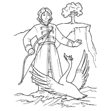 coloring page: The boy Guidon and the swan in coloring book based on Pushkin's fairy tale