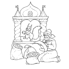 coloring page: Illustration from the fairy tale of Pushkin about a squirrel in a crystal house