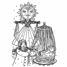 Malseite: Eine Zeichnung, die die festlichen Festlichkeiten des Karnevals mit der Sonne und Pfannkuchen darstellt.