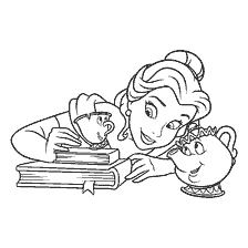 pagina da colorare: Belle con Chip e Mrs. Potts nel libro da colorare