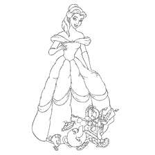 pagina da colorare: Personaggi di colorazione da bellezza e la bestia: Belle, Chip, Mrs. Potts, Cogsworth e Lumière