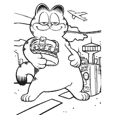 pagina da colorare: Garfield con una corona e una valigia davanti all'aeroporto