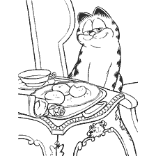 pagina da colorare: Garfield gode di colazione reale con uova e una tazza di t&egrave;