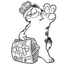 pagina da colorare: Colorare Garfield, vestito in una corona e con una valigia