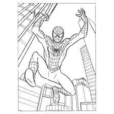 pagina da colorare: Spider-Man salta tra gli edifici