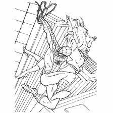 pagina da colorare: Spider-Man a immagine di un supereroe salva una ragazza, appeso su un web tra edifici