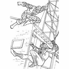 pagina da colorare: Spider-Man combatte il nemico sullo sfondo della citt&agrave;
