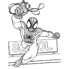 pagina da colorare: Spider-Man salta con un web fuori da un edificio scolastico