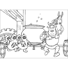 coloriage: Shrek et ses amis dans un contour blanc devant l'usine