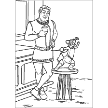 coloriage: Shrek se tient avec un bol, et le chat dans ses bottes danse joyeusement