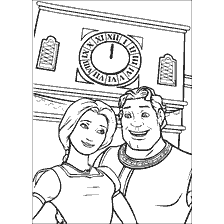 coloriage: Coloration Shrek et Fiona en arrière-plan de l'horloge