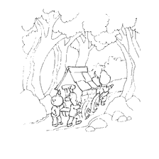 pagina da colorare: Scena dalle avventure di Cipollino, dove gli amici portano la casa lungo il sentiero forestale