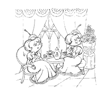 pagina da colorare: Contessa di Ciliegie bere t&egrave; in un'atmosfera accogliente