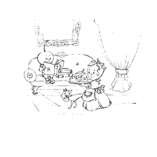 pagina da colorare: Fragola e Ciliegia leggendo un libro sul divano