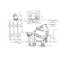 pagina da colorare: Illustrazione di Cipollino in prigione con spada e chiavi