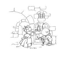 pagina da colorare: Immagine dalla fiaba di Gianni Rodari &ldquo;Le avventure di Cipollino&rdquo; dove ciliegia e fragole cercano di aprire la porta con una candela.